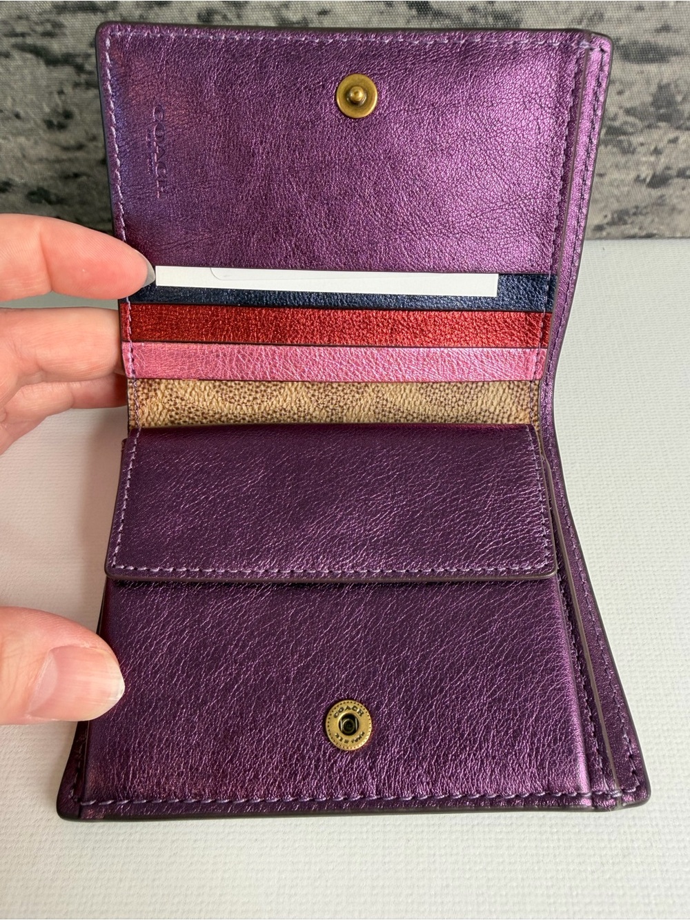 NWT Coach Small Snap Wallet Colorblock Tan Sig Canvas & Metallic Purple 7942 - Picture 3 of 4